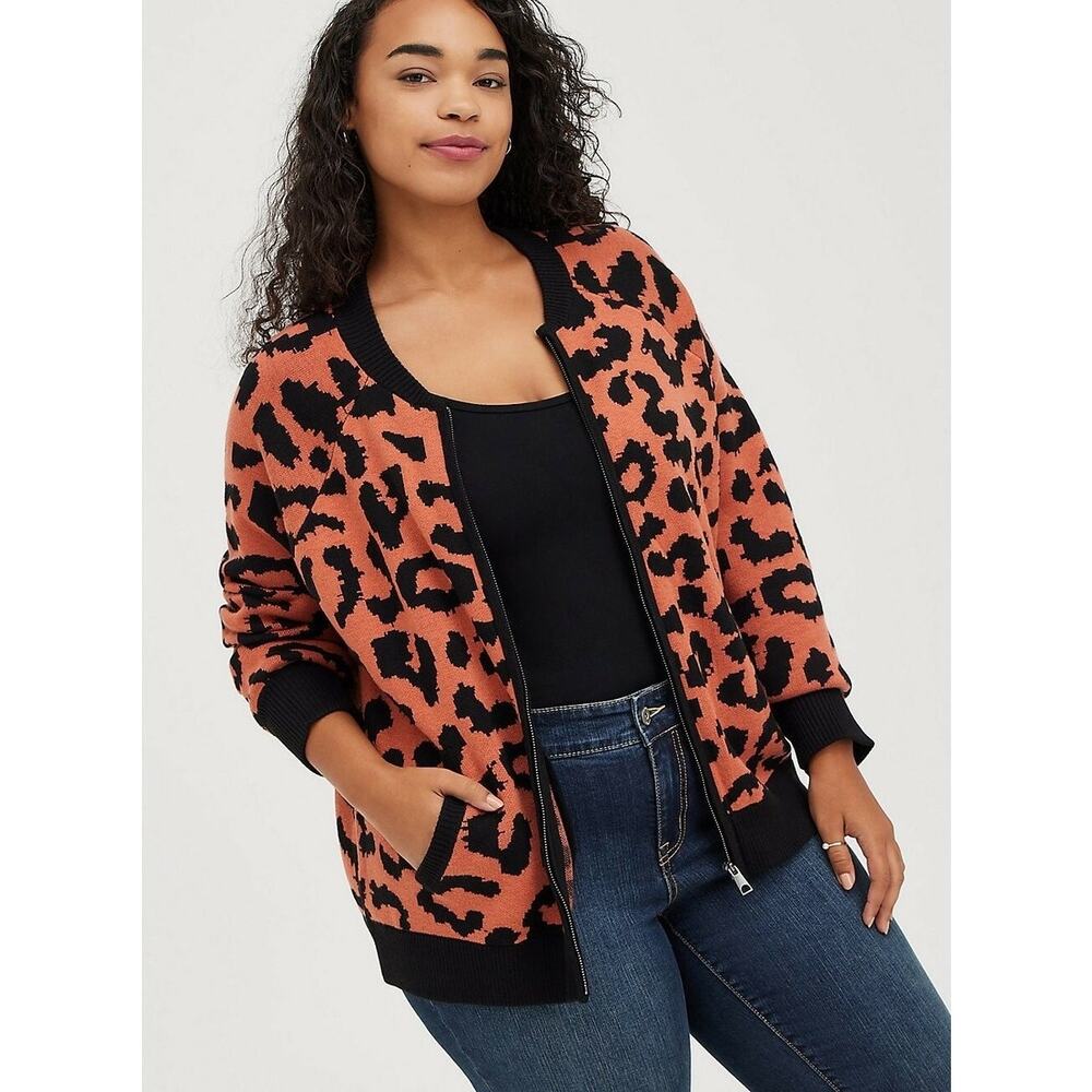 Women’s Torrid Zip Up Leopard Print Bomber Sweater Orange/Black Size 1 (14/16)